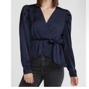 Express Satin V-neck Blouse Balloon Sleeve Faux Wrap Top